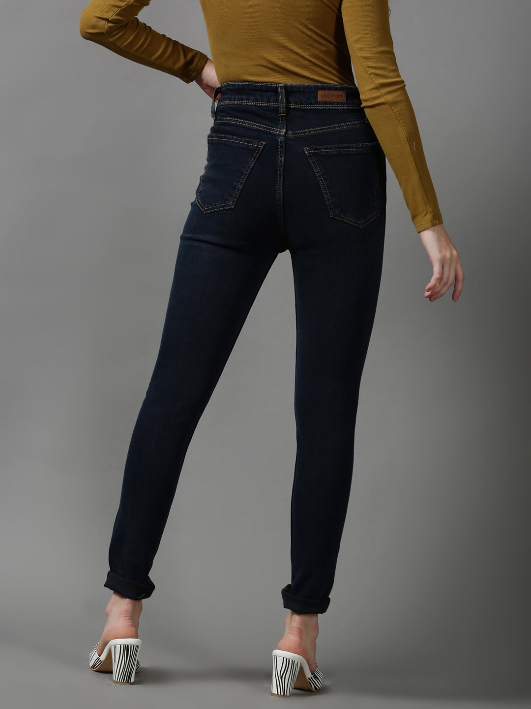 Women's Navy Blue Solid Slim Fit Denim Jeans