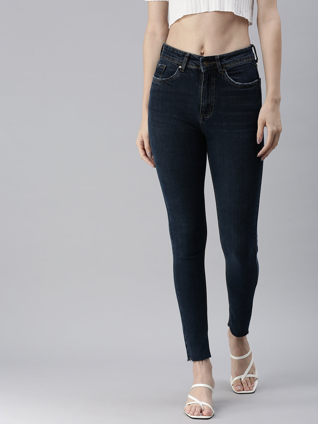 Women's Navy blue Solid Denim Skinny Jeans