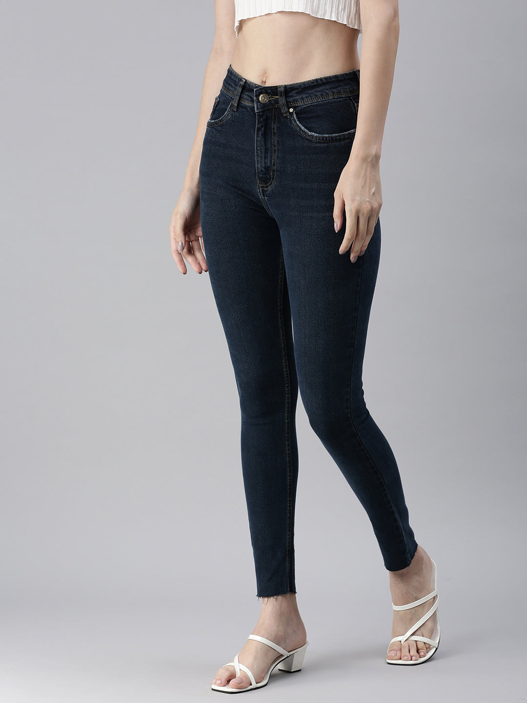 Women's Navy blue Solid Denim Skinny Jeans