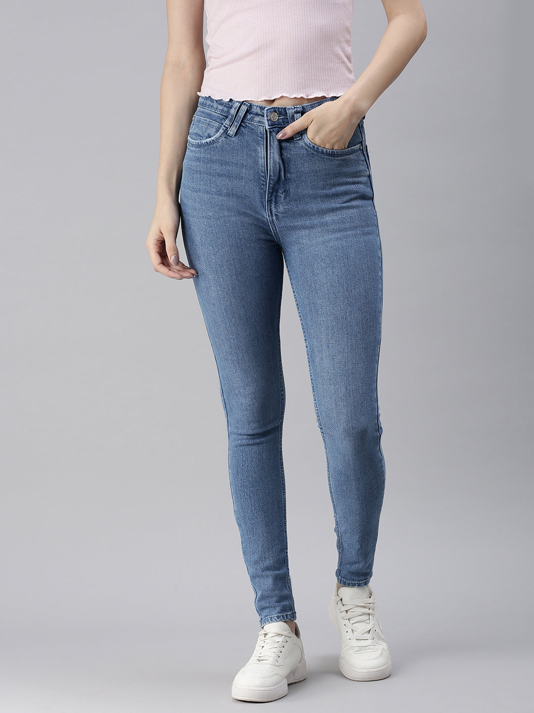 Women's Blue Solid Denim Slim Jeans