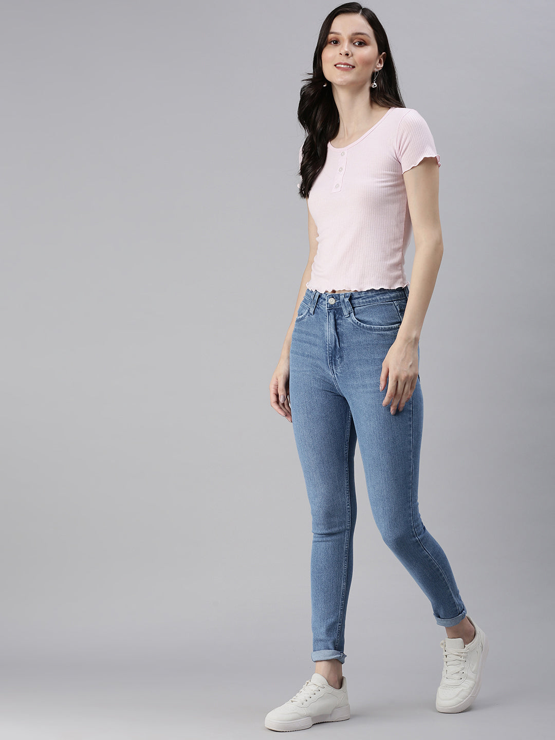 Women's Blue Solid Denim Slim Jeans