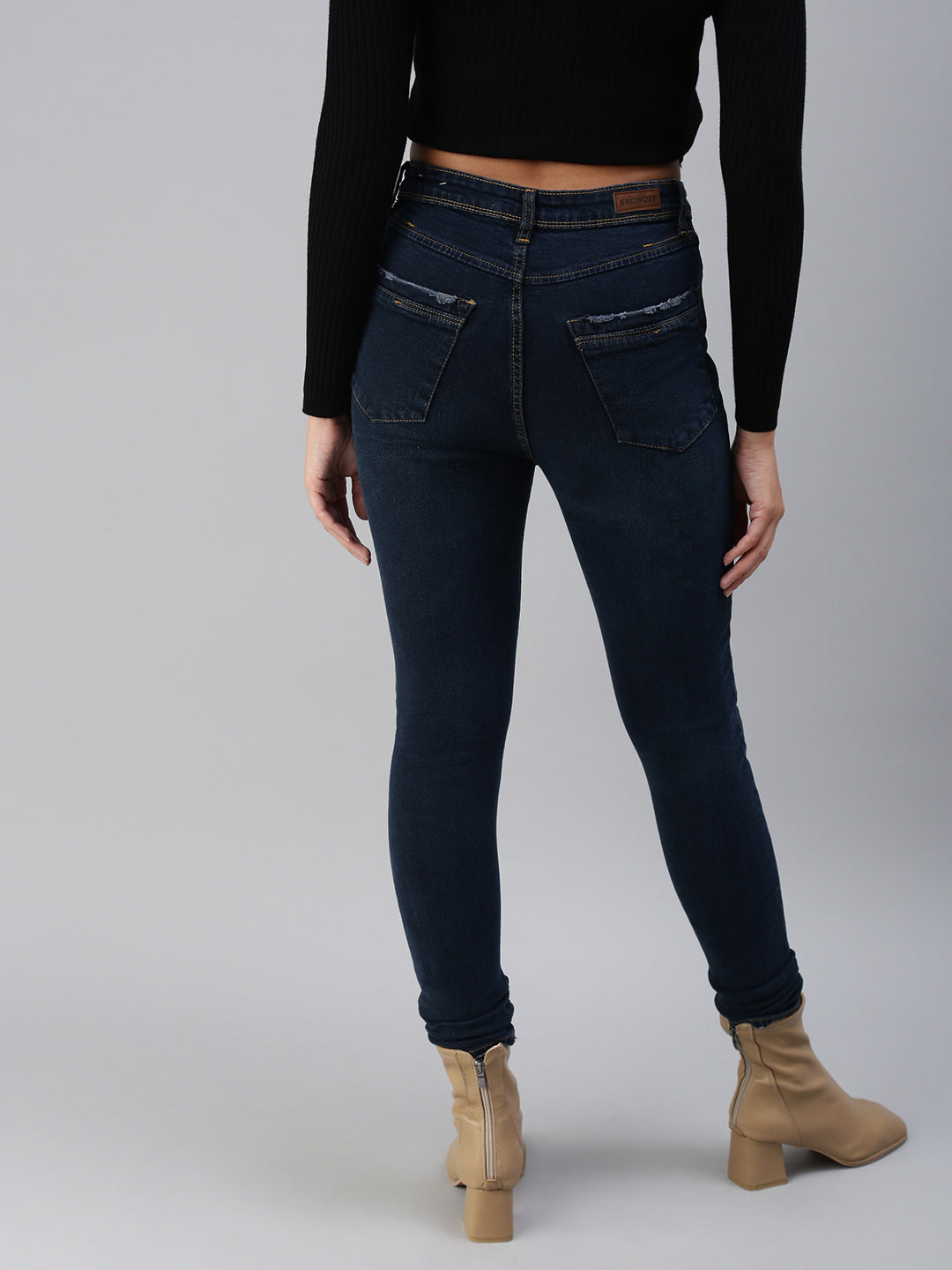 Women's Navy Blue Solid Denim Slim Jeans