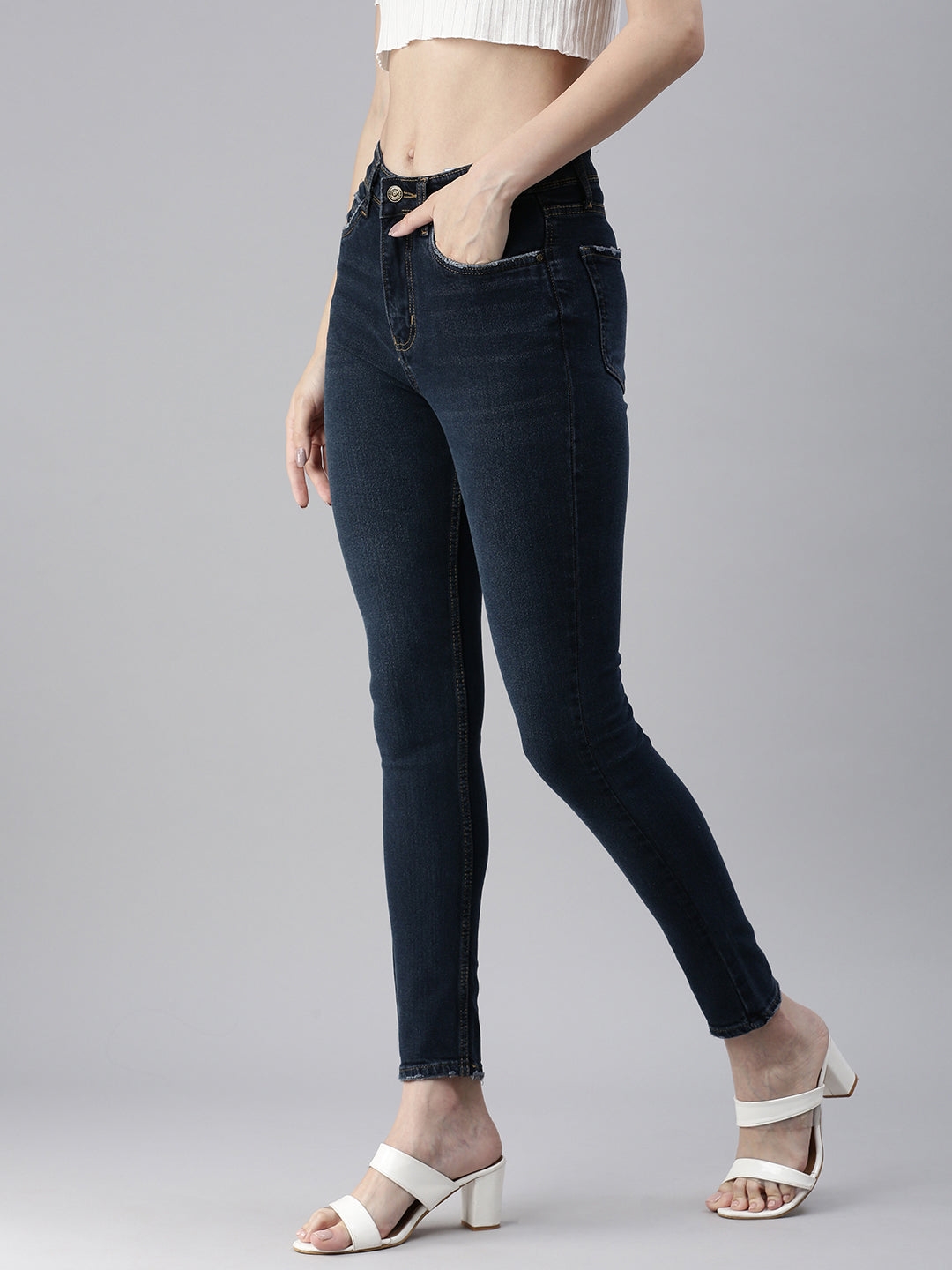 Women's Blue Solid Denim Slim Jeans