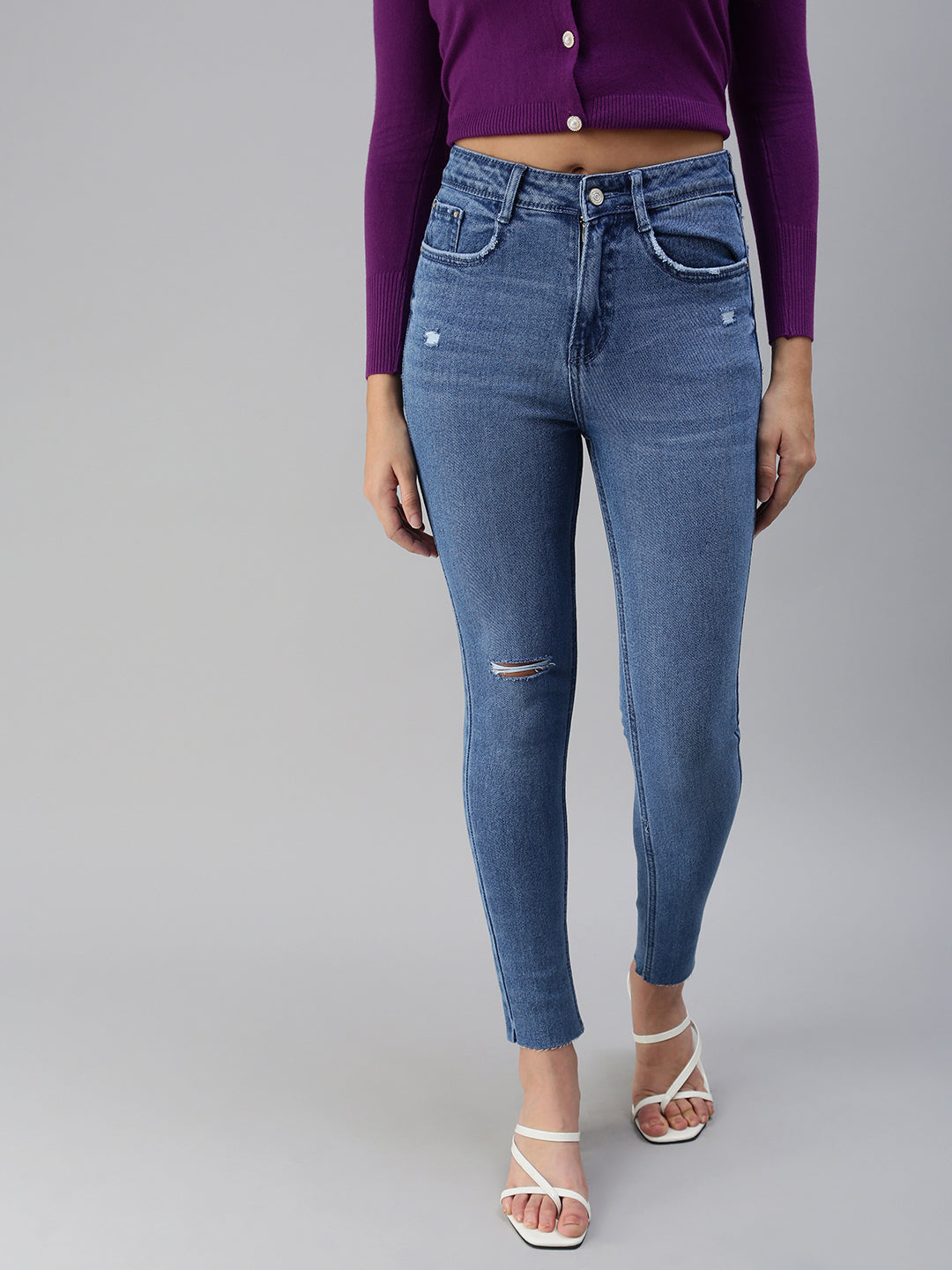 Women's Blue Solid Denim Slim Jeans