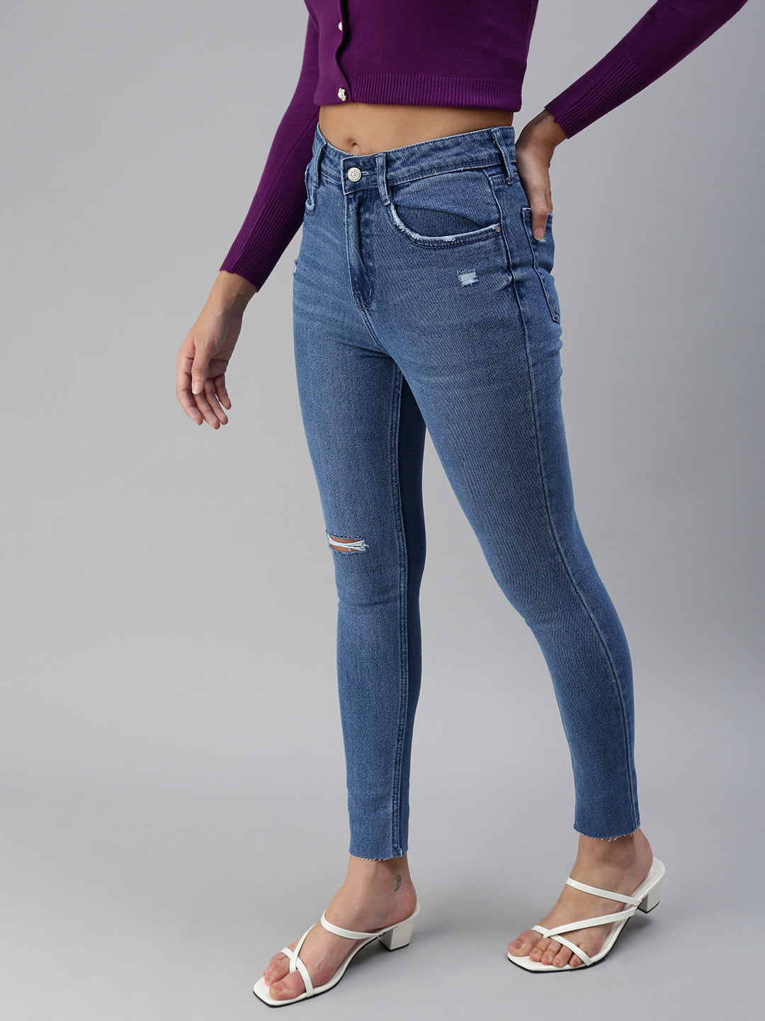 Women's Blue Solid Denim Slim Jeans