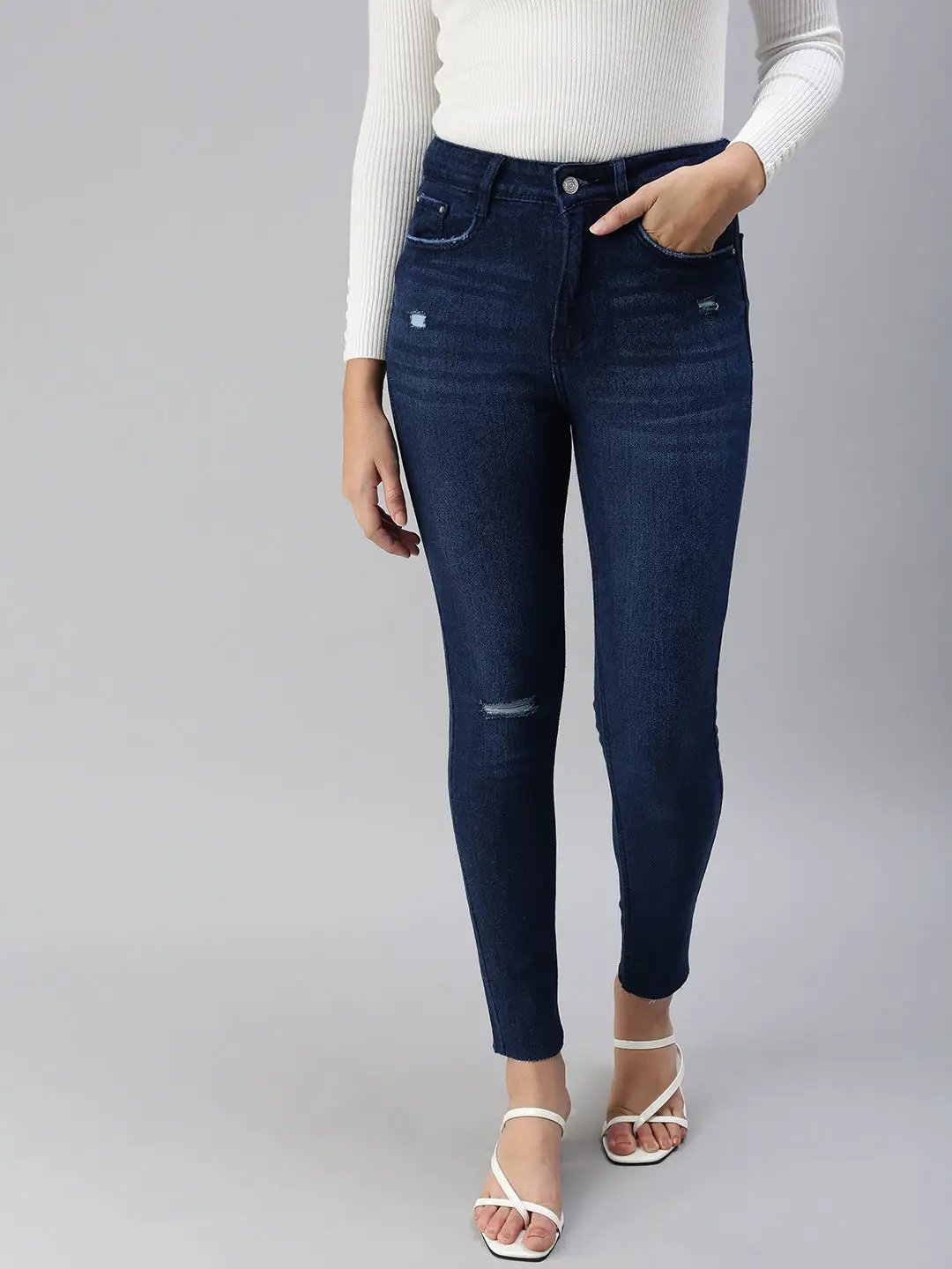 Women's Navy Blue Slim Fit High-Rise Mildly Distressed Light Fade Jeans