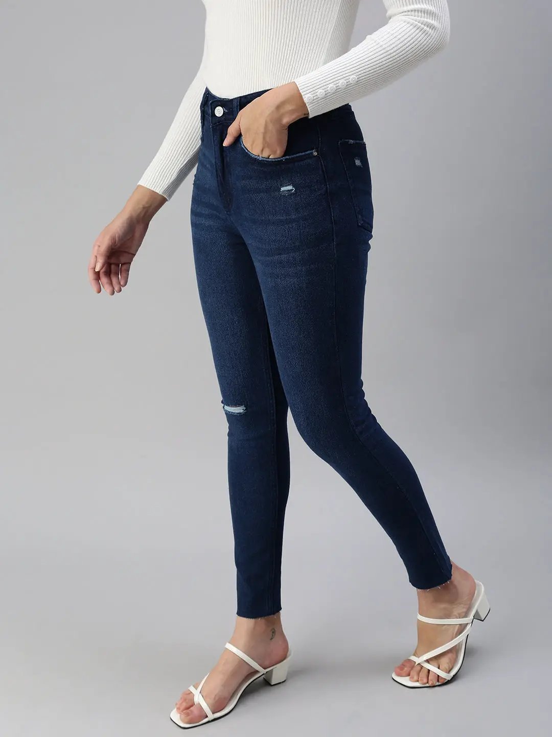 Women's Navy Blue Slim Fit High-Rise Mildly Distressed Light Fade Jeans