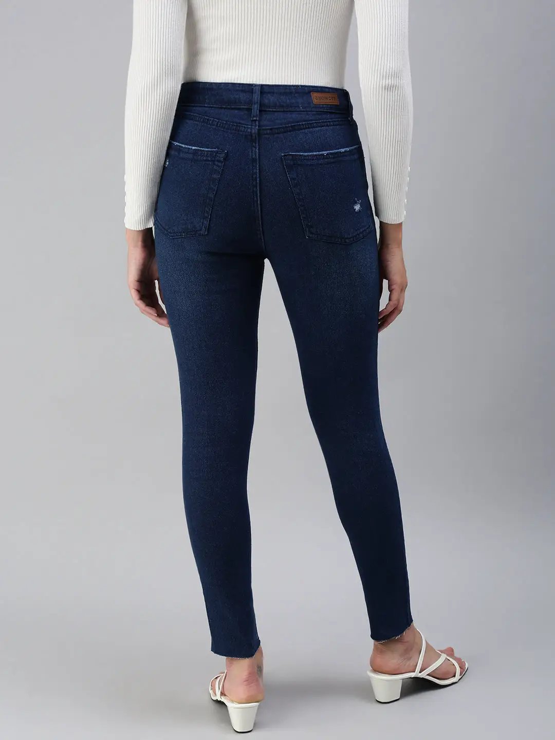 Women's Navy Blue Slim Fit High-Rise Mildly Distressed Light Fade Jeans