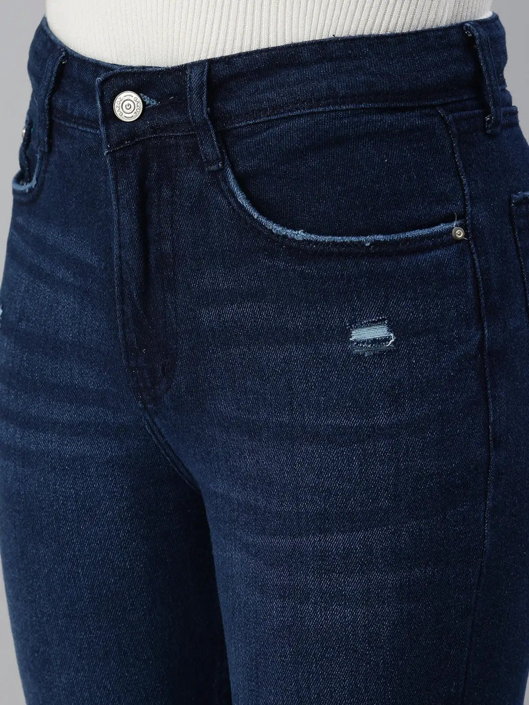 Women's Navy Blue Slim Fit High-Rise Mildly Distressed Light Fade Jeans