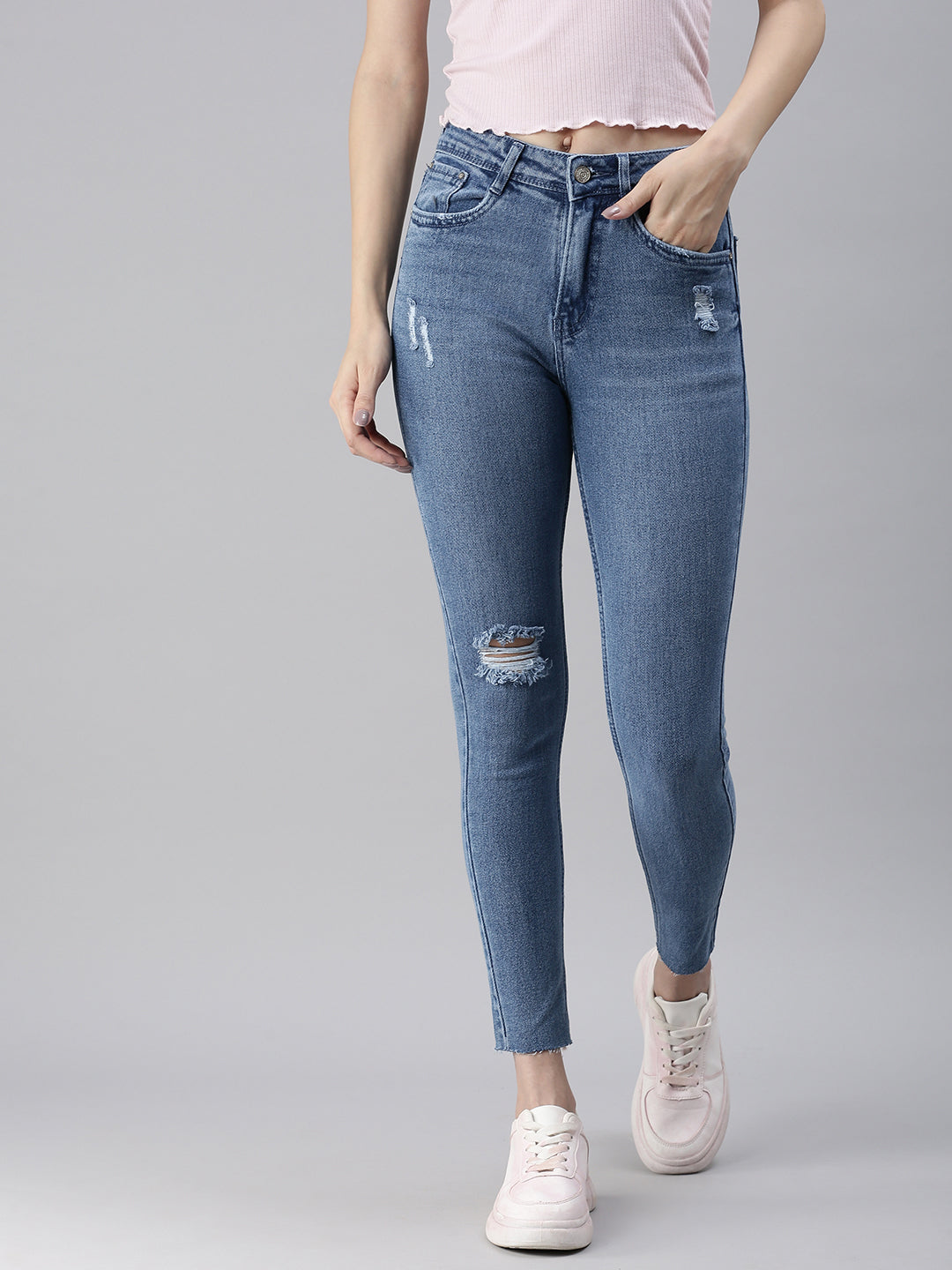 Women's Blue Solid Denim Skinny Jeans