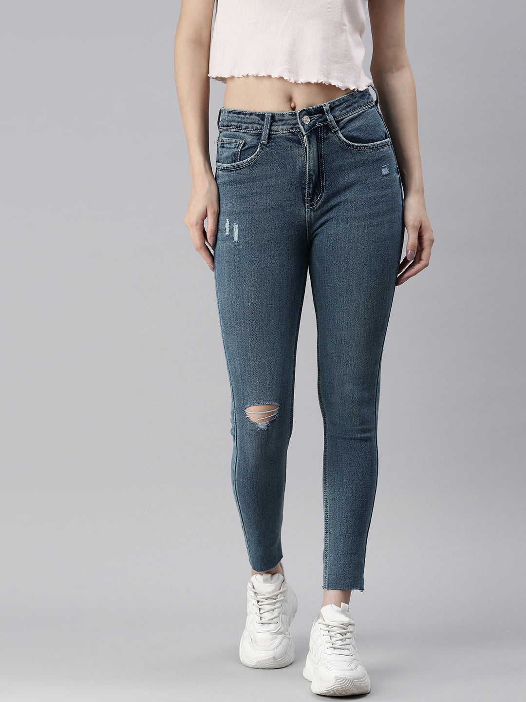 Women's Blue Solid Denim Skinny Jeans