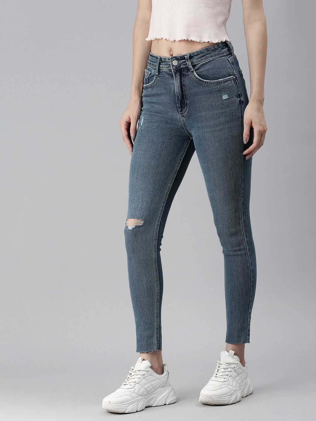 Women's Blue Solid Denim Skinny Jeans