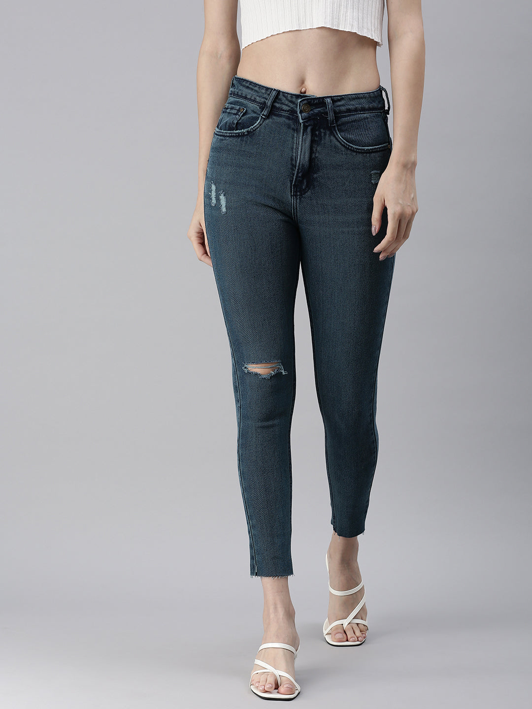 Women's Blue Solid Denim Skinny Jeans