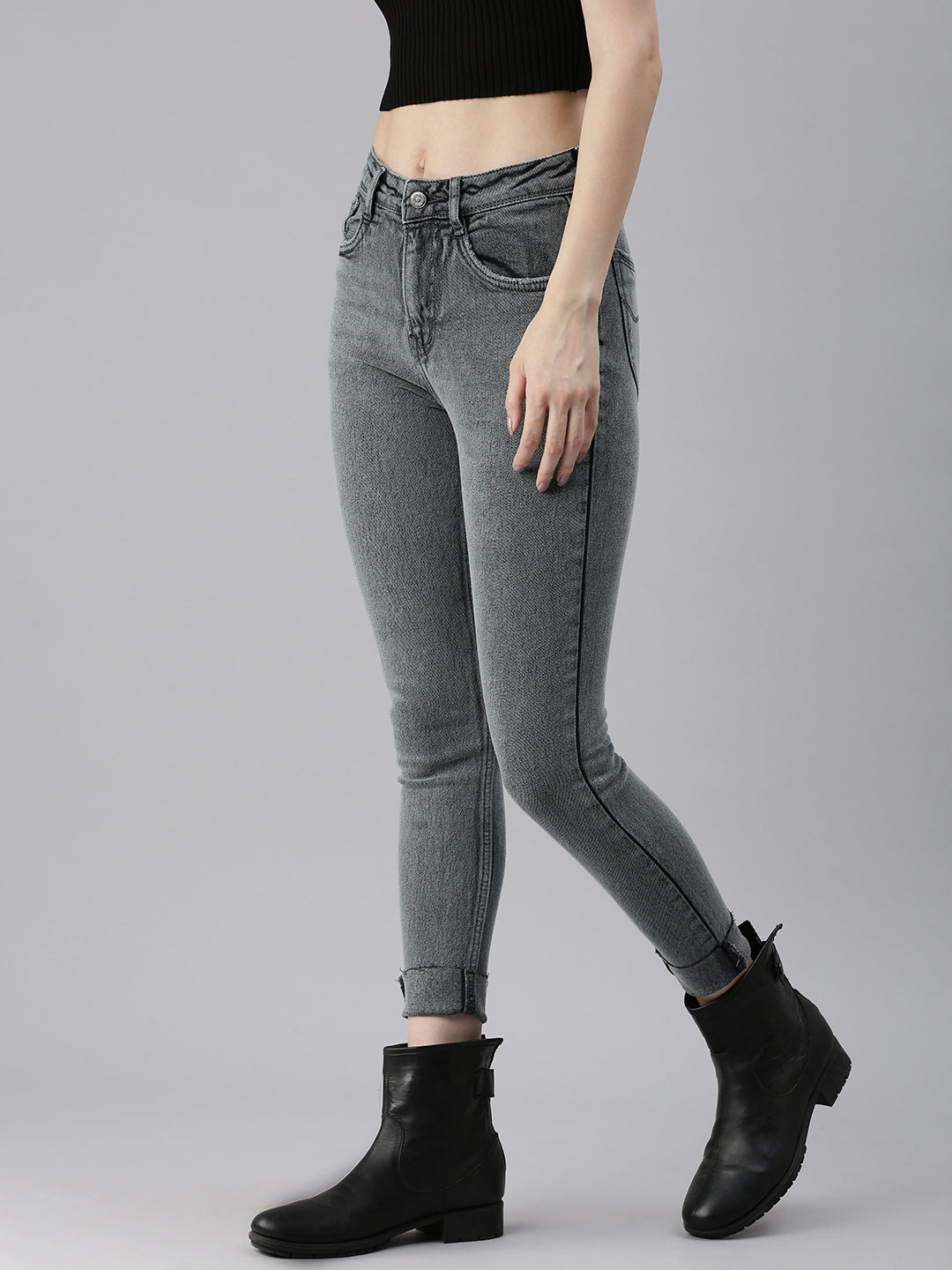 Women's Grey Solid Denim Skinny Jeans