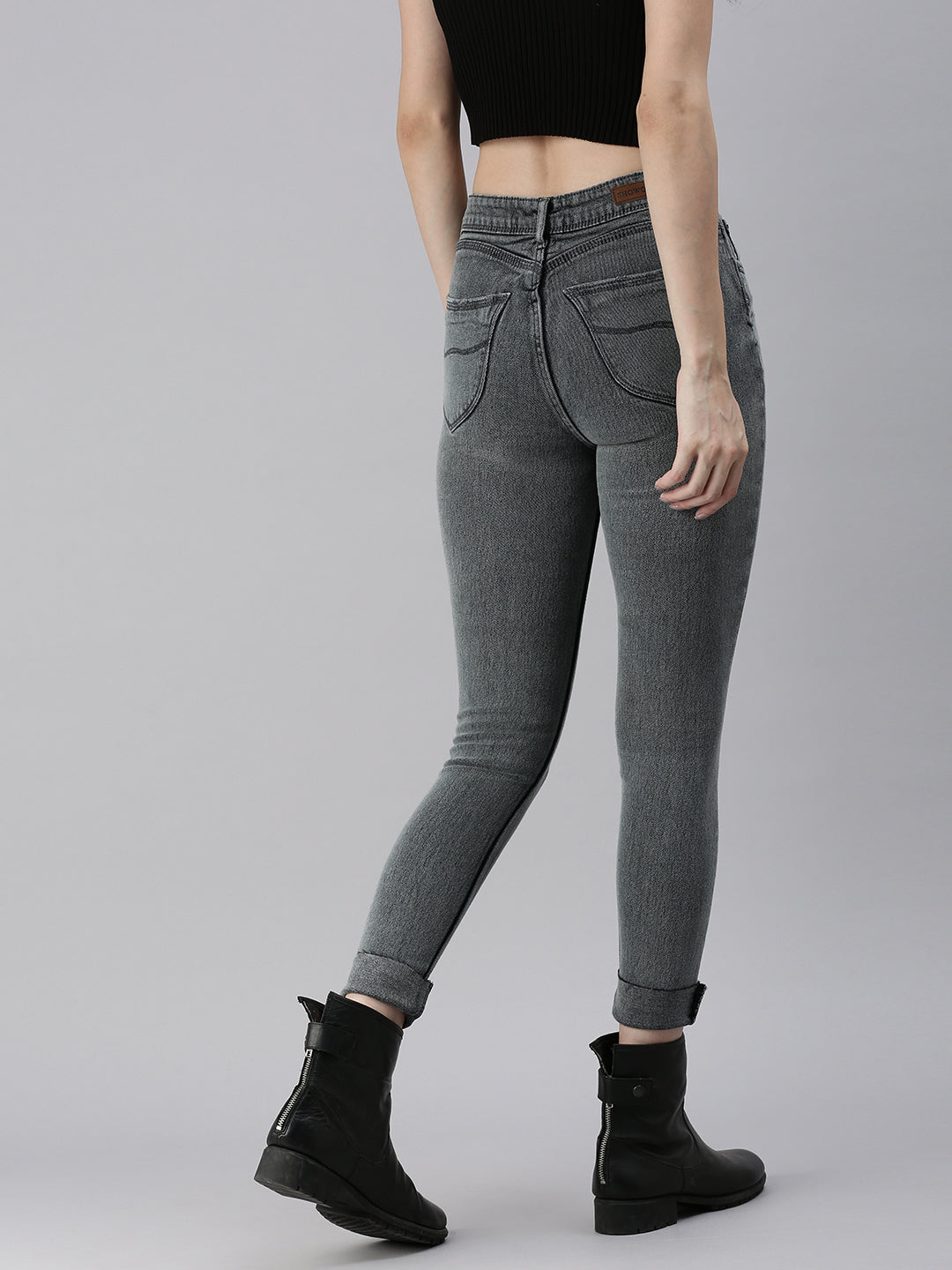 Women's Grey Solid Denim Skinny Jeans