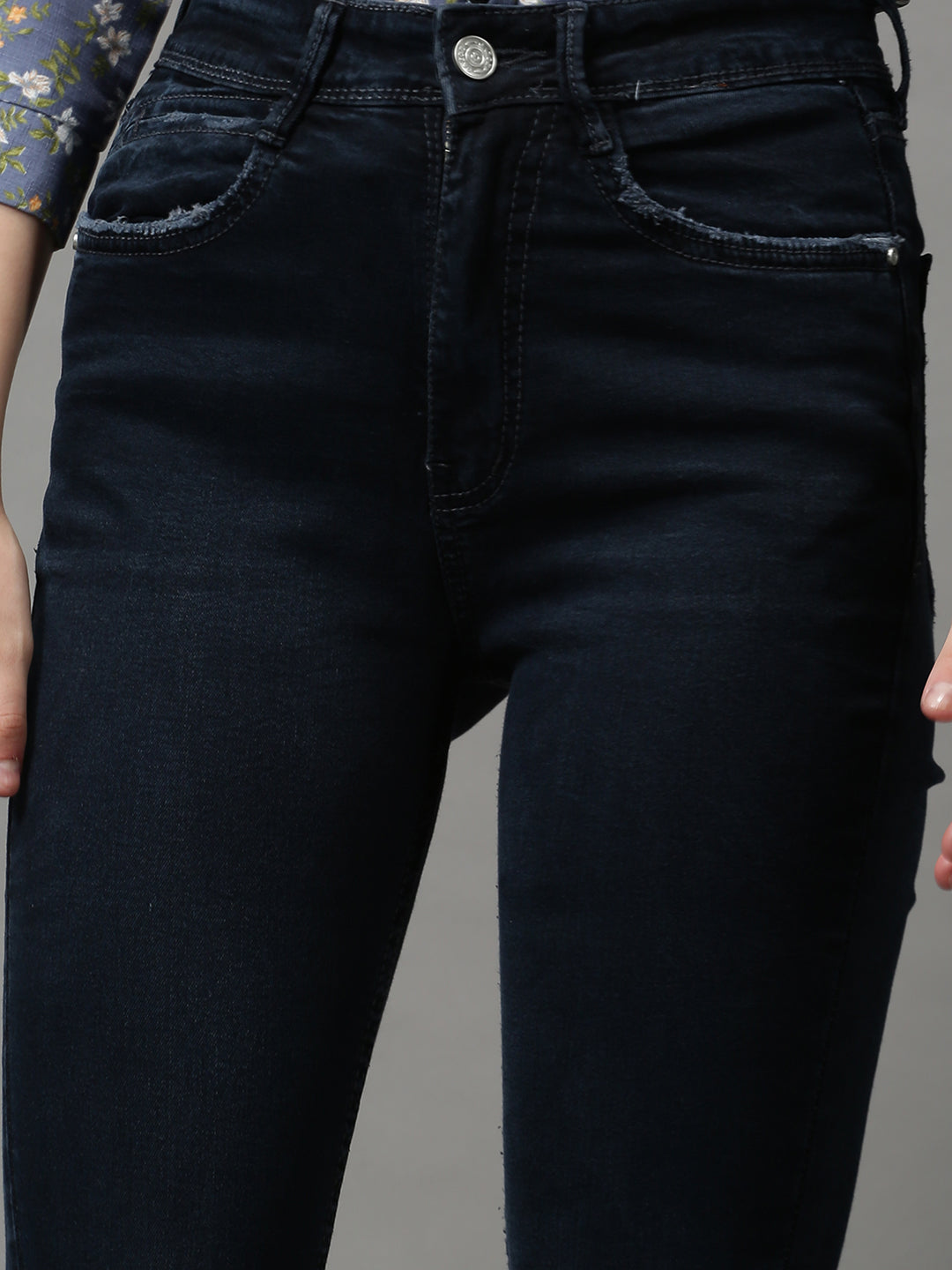 Women's Navy Blue Solid Slim Fit Denim Jeans