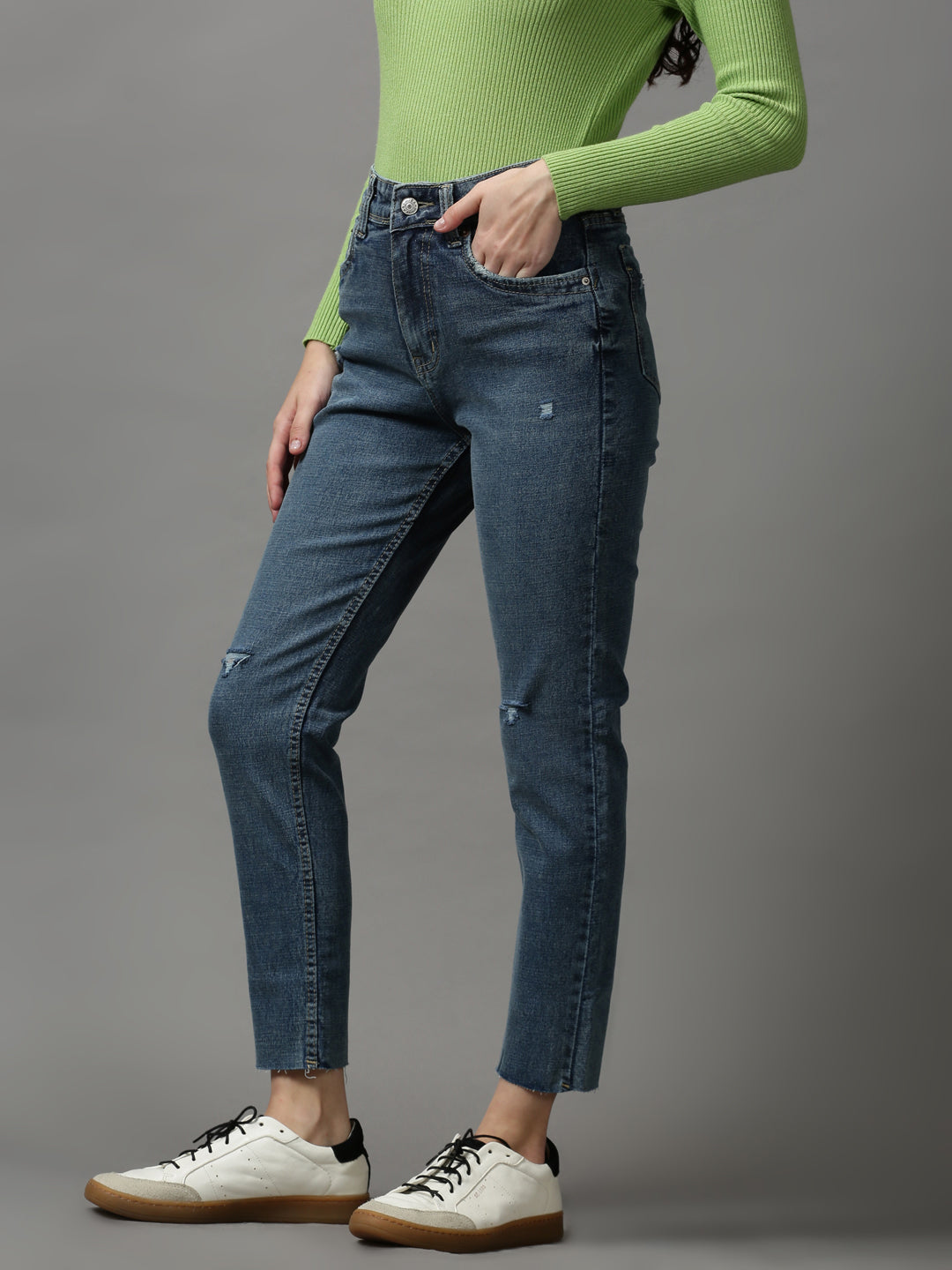 Women's Blue Solid Slim Fit Denim Jeans