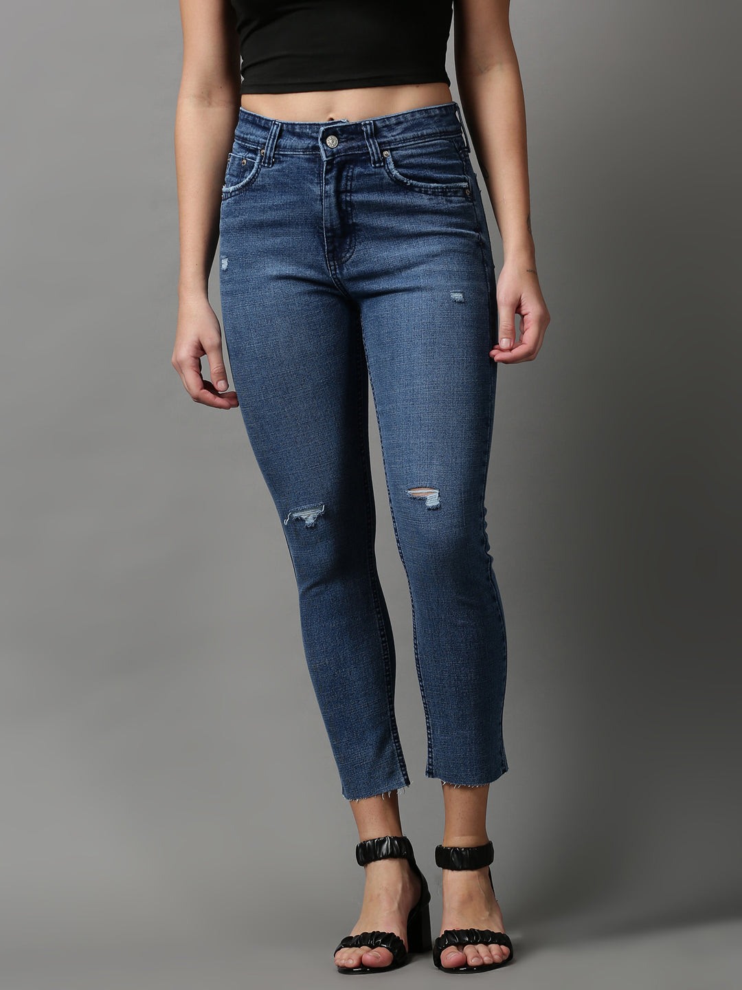 Women's Blue Solid Slim Fit Denim Jeans