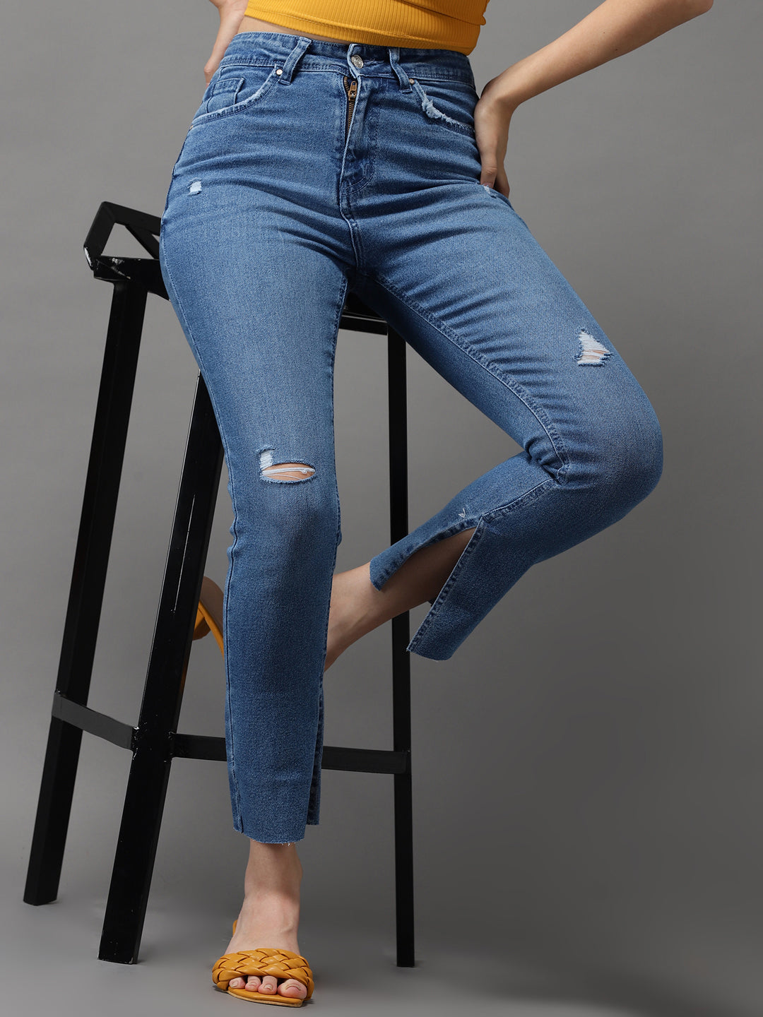 Women's Blue Solid Slim Fit Denim Jeans