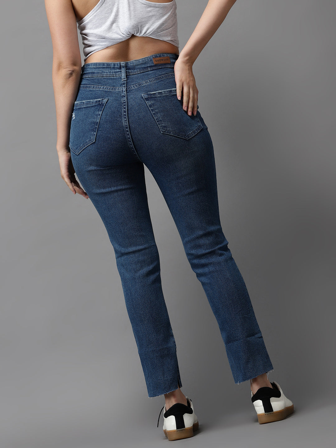 Women's Blue Jean Slim Fit High-Rise Mildly Distressed Light Fade Stretchable Jeans