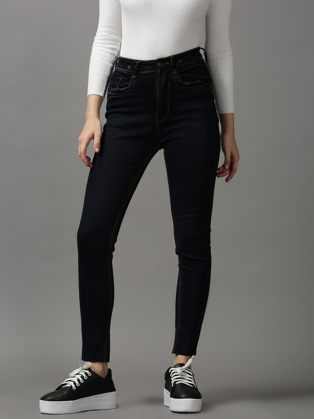 Women's Navy Blue Solid Skinny Fit Denim Jeans