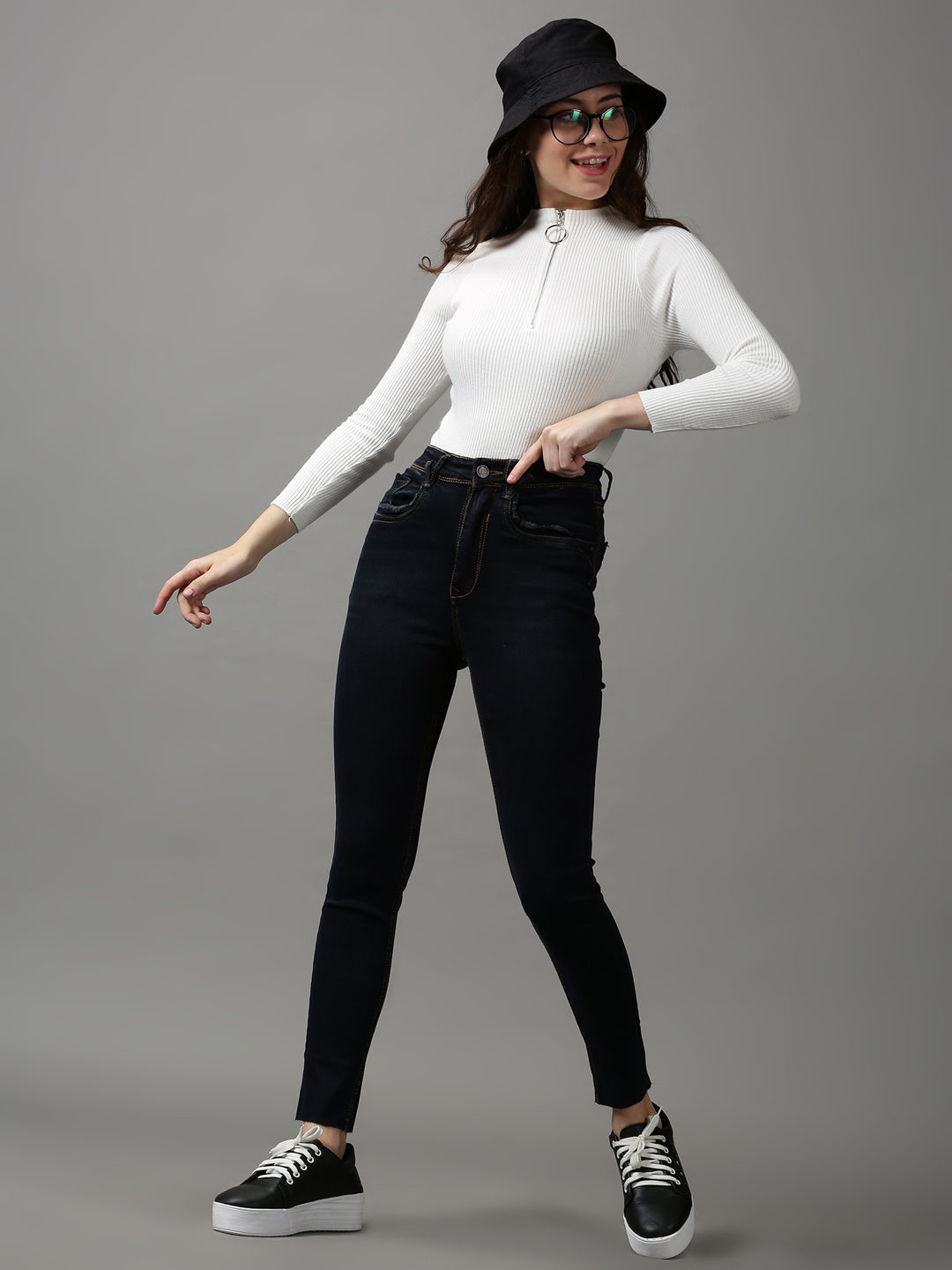 Women's Navy Blue Solid Skinny Fit Denim Jeans