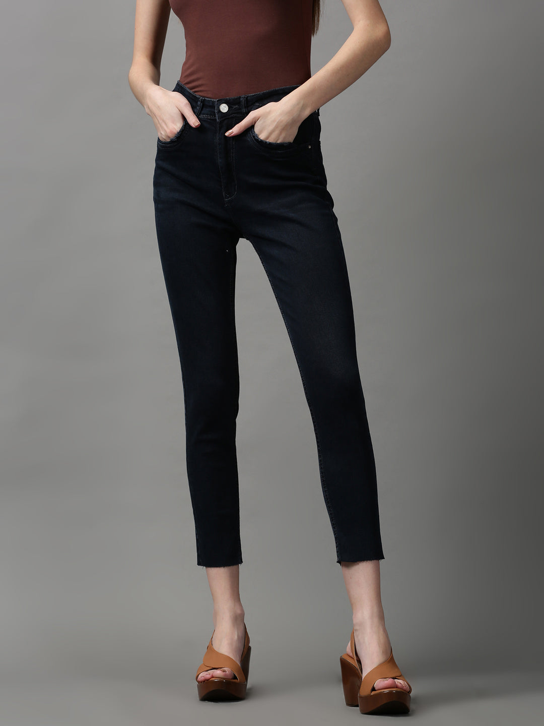 Women's Navy Blue Solid Skinny Fit Denim Jeans