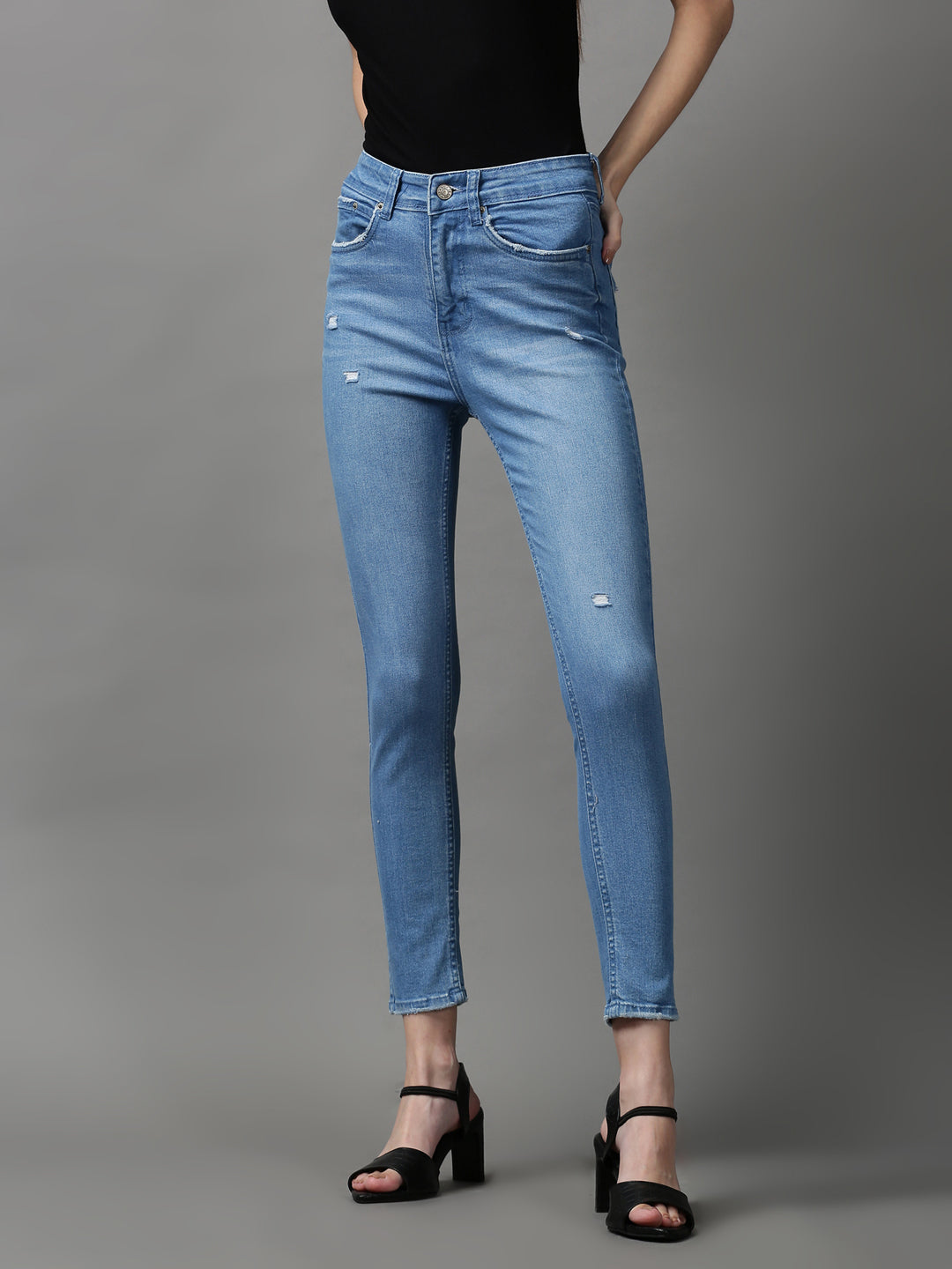 Women's Blue Solid Slim Fit Denim Jeans