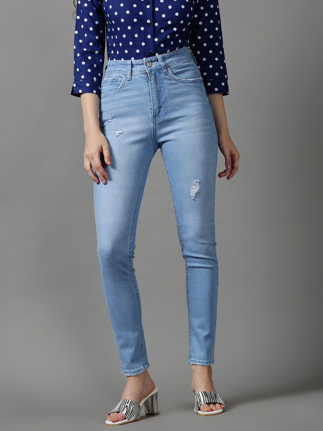 Women's Blue Solid Slim Fit Denim Jeans