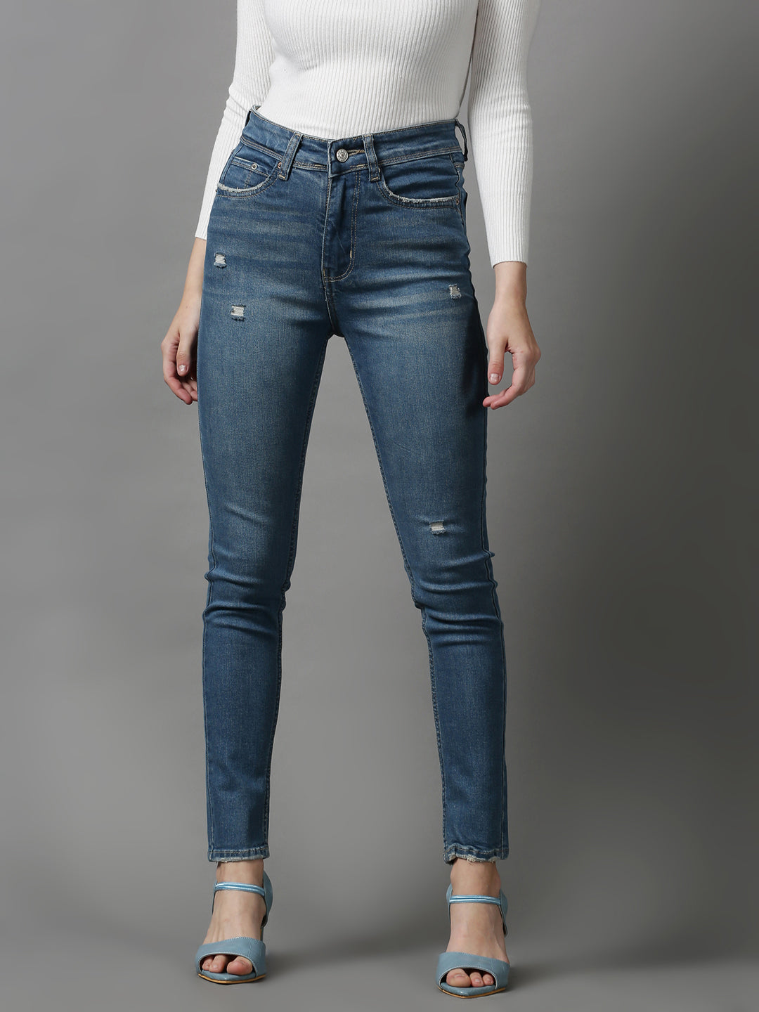 Women's Blue Solid Slim Fit Denim Jeans