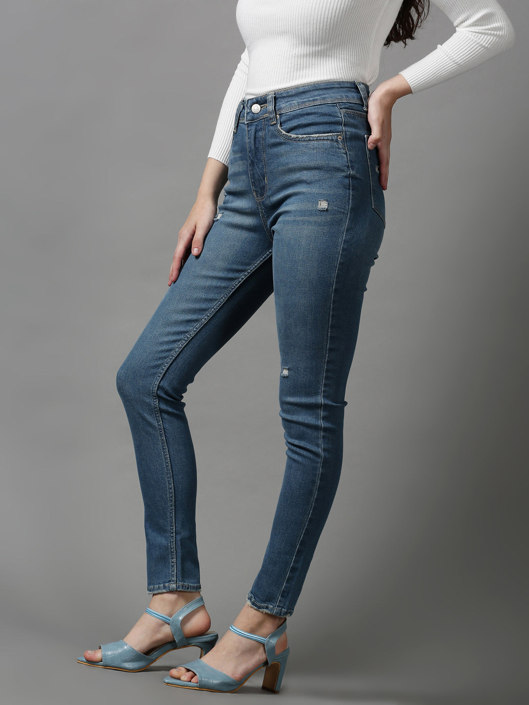 Women's Blue Solid Slim Fit Denim Jeans