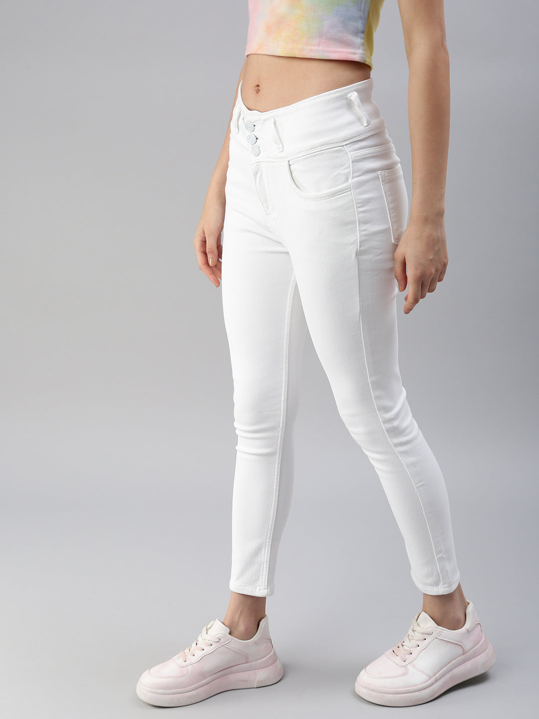 Women's White Solid Denim Skinny Jeans