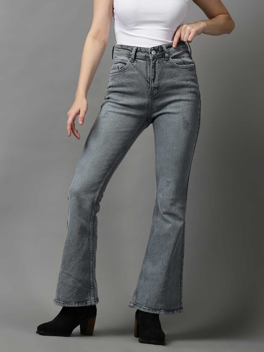 Women's Grey Solid Bootcut Denim Jeans