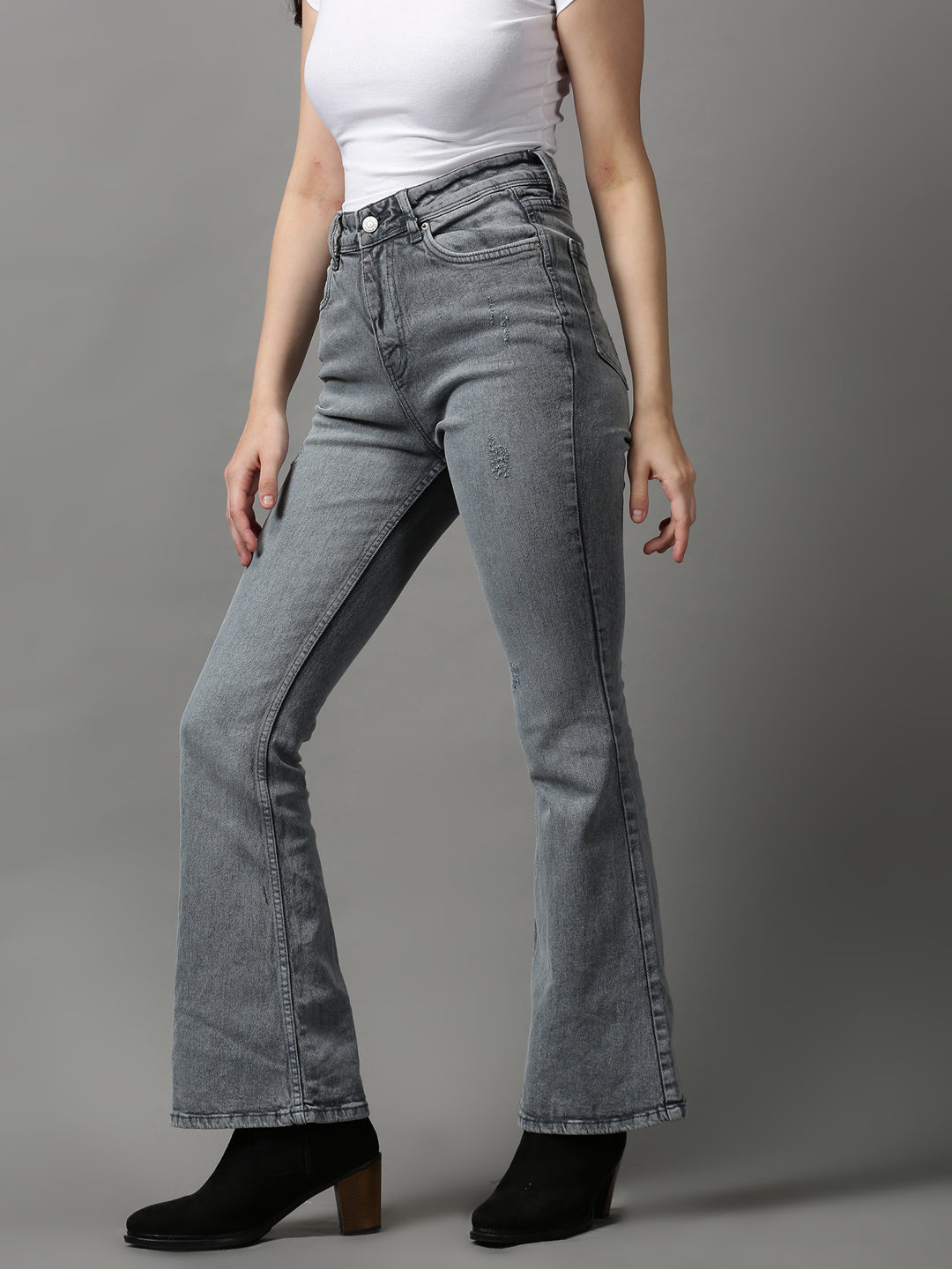 Women's Grey Solid Bootcut Denim Jeans