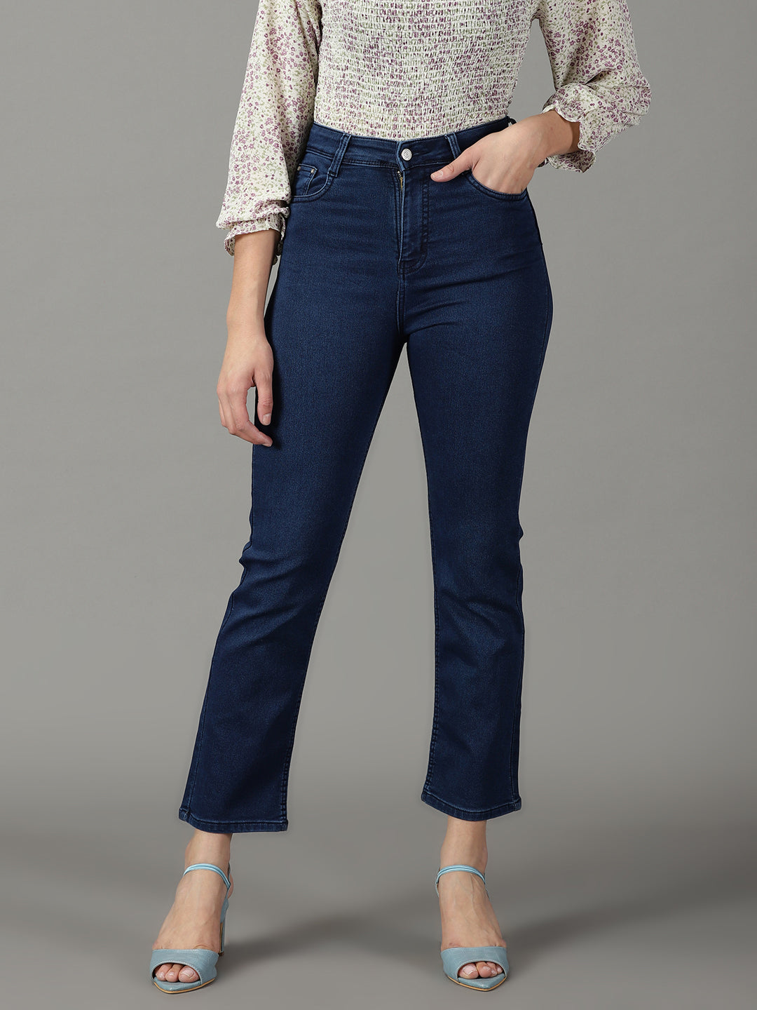 Women's Navy Blue Solid Straight Fit Denim Jeans