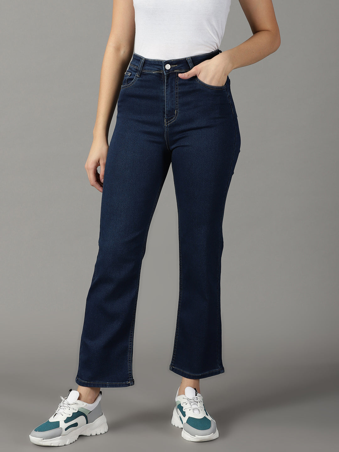 Women's Navy Blue Solid Straight Fit Denim Jeans