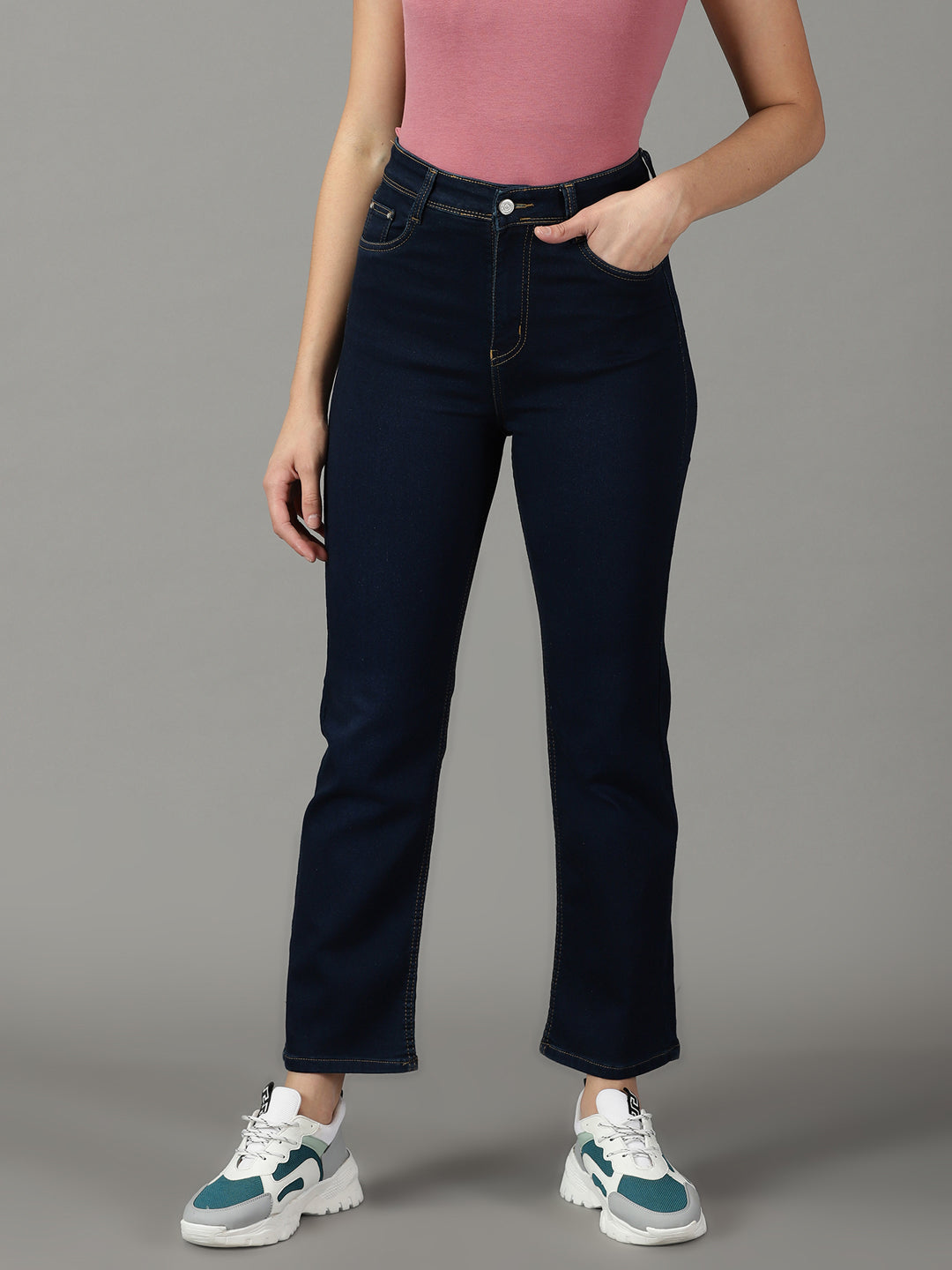 Women's Navy Blue Solid Straight Fit Denim Jeans