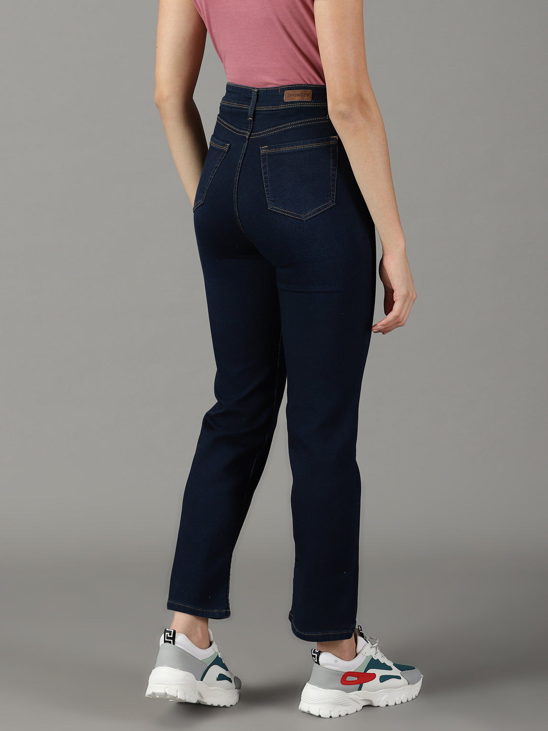 Women's Navy Blue Solid Straight Fit Denim Jeans