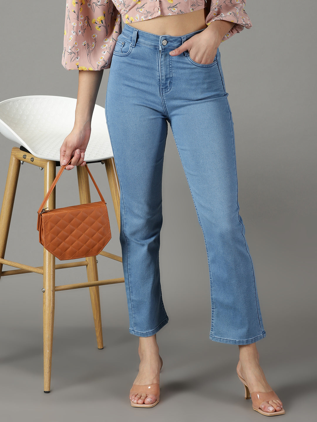 Women's Blue Solid Straight Fit Denim Jeans