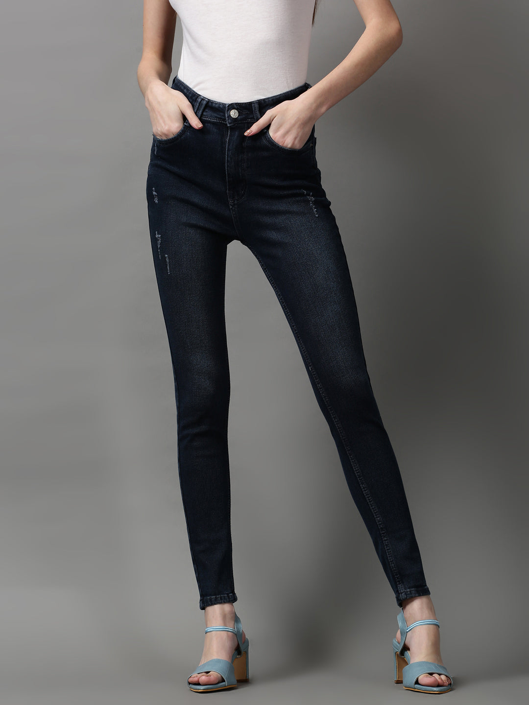 Women's Navy Blue Solid Skinny Fit Denim Jeans