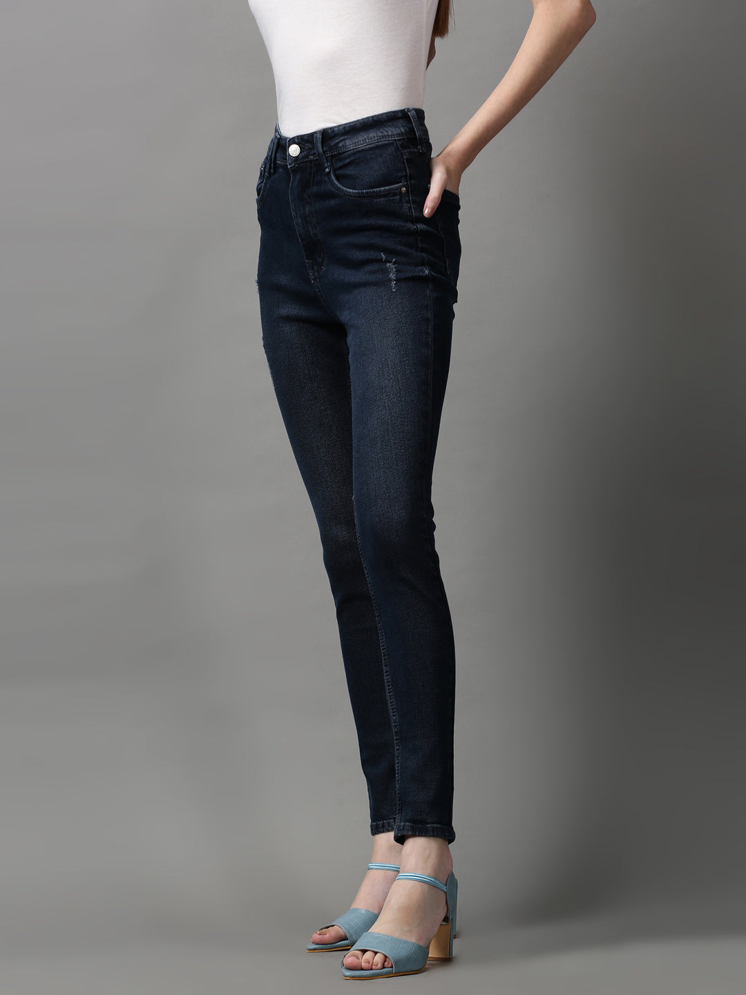 Women's Navy Blue Solid Skinny Fit Denim Jeans