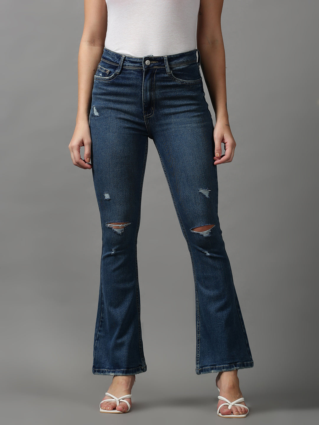 Women's Blue Solid Bootcut Denim Jeans