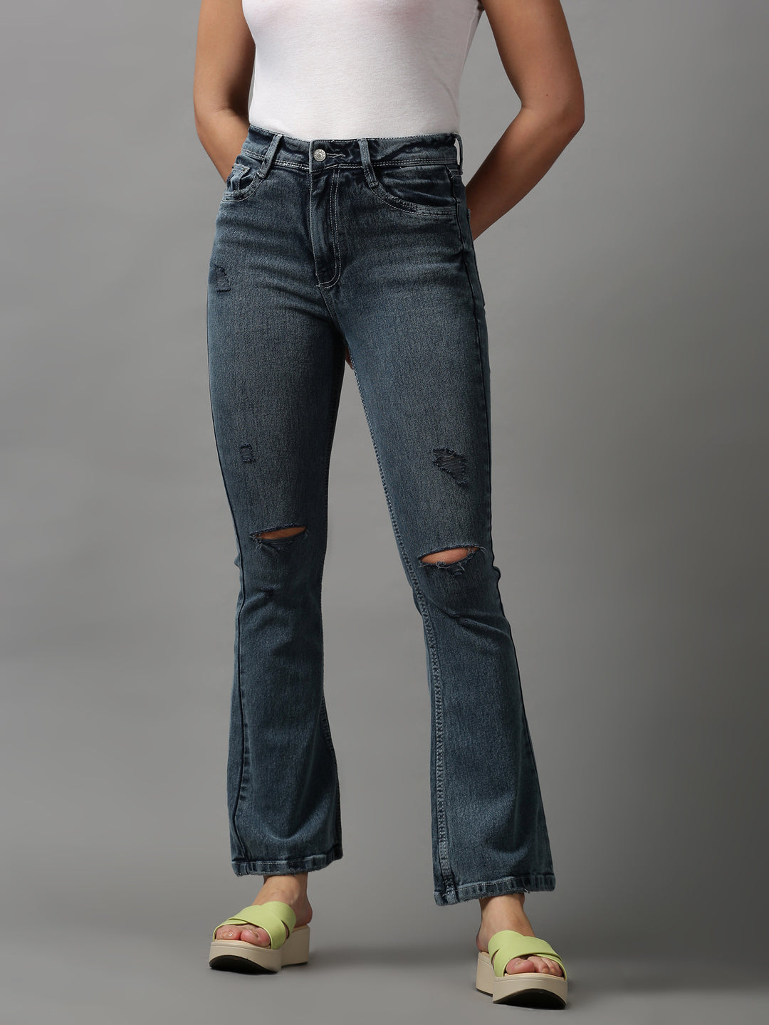 Women's Grey Solid Bootcut Denim Jeans