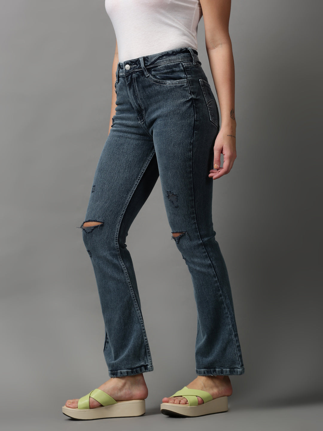 Women's Grey Solid Bootcut Denim Jeans