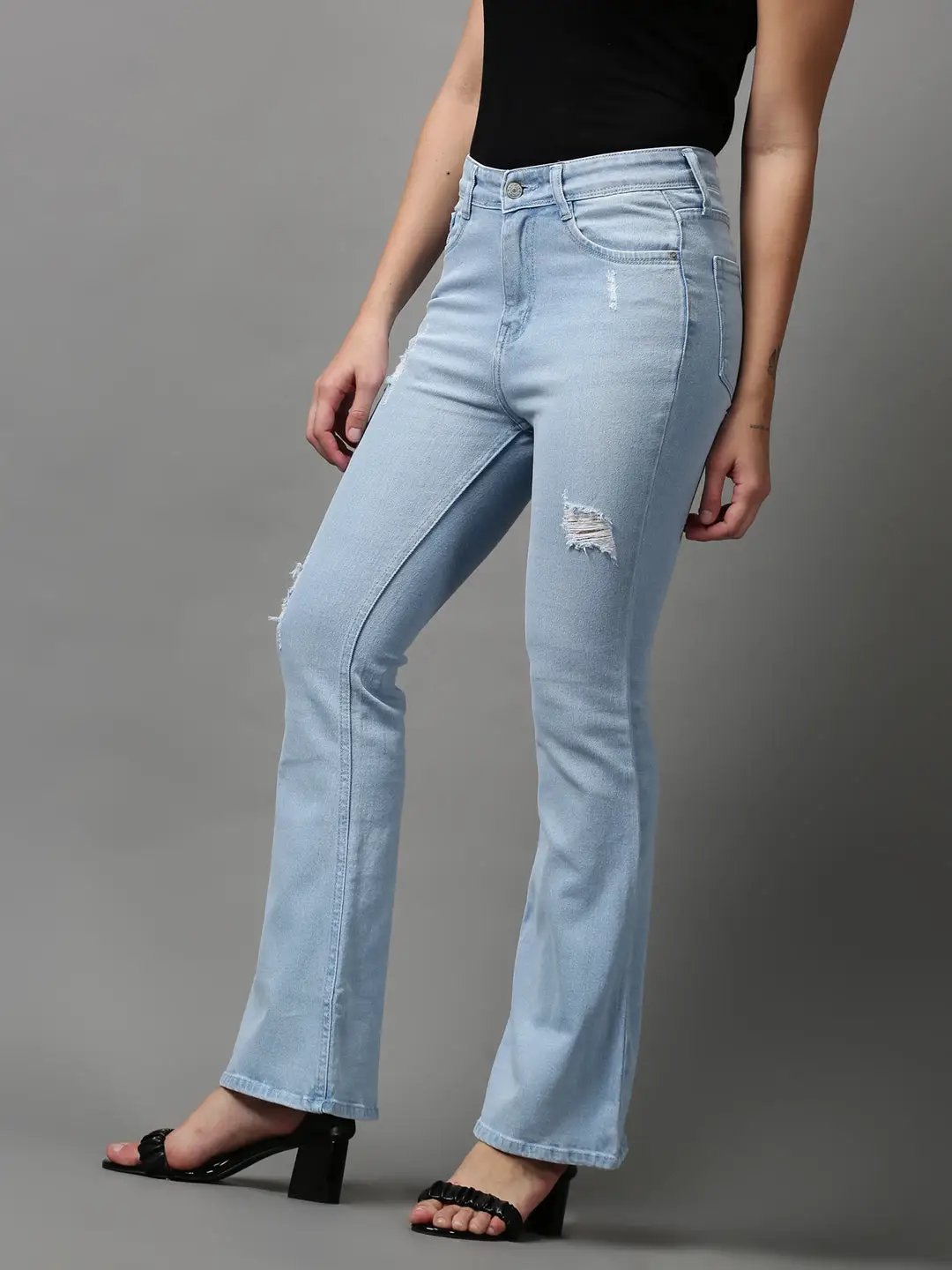 Women's Blue Bootcut Mildly Distressed Light Fade Stretchable Denim Jeans