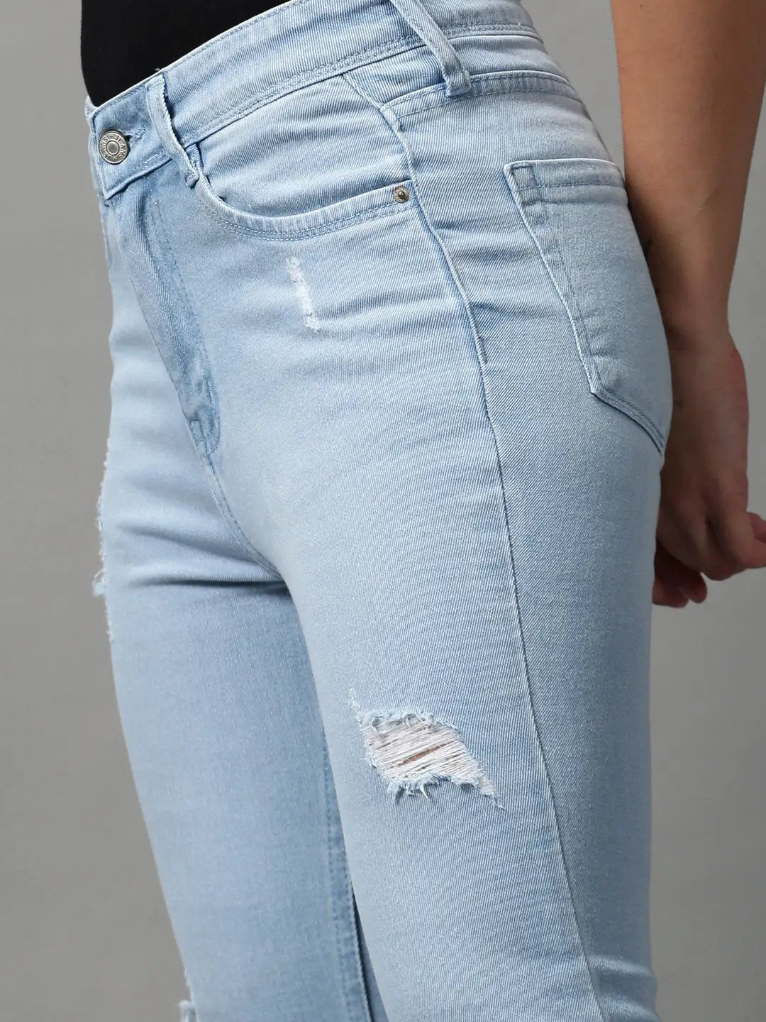 Women's Blue Bootcut Mildly Distressed Light Fade Stretchable Denim Jeans