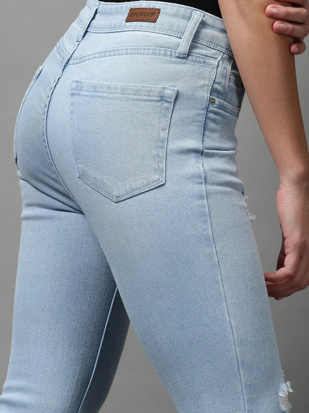 Women's Blue Bootcut Mildly Distressed Light Fade Stretchable Denim Jeans