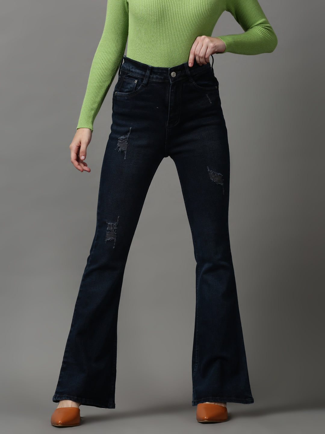 Women's Navy Blue Solid Bootcut Denim Jeans