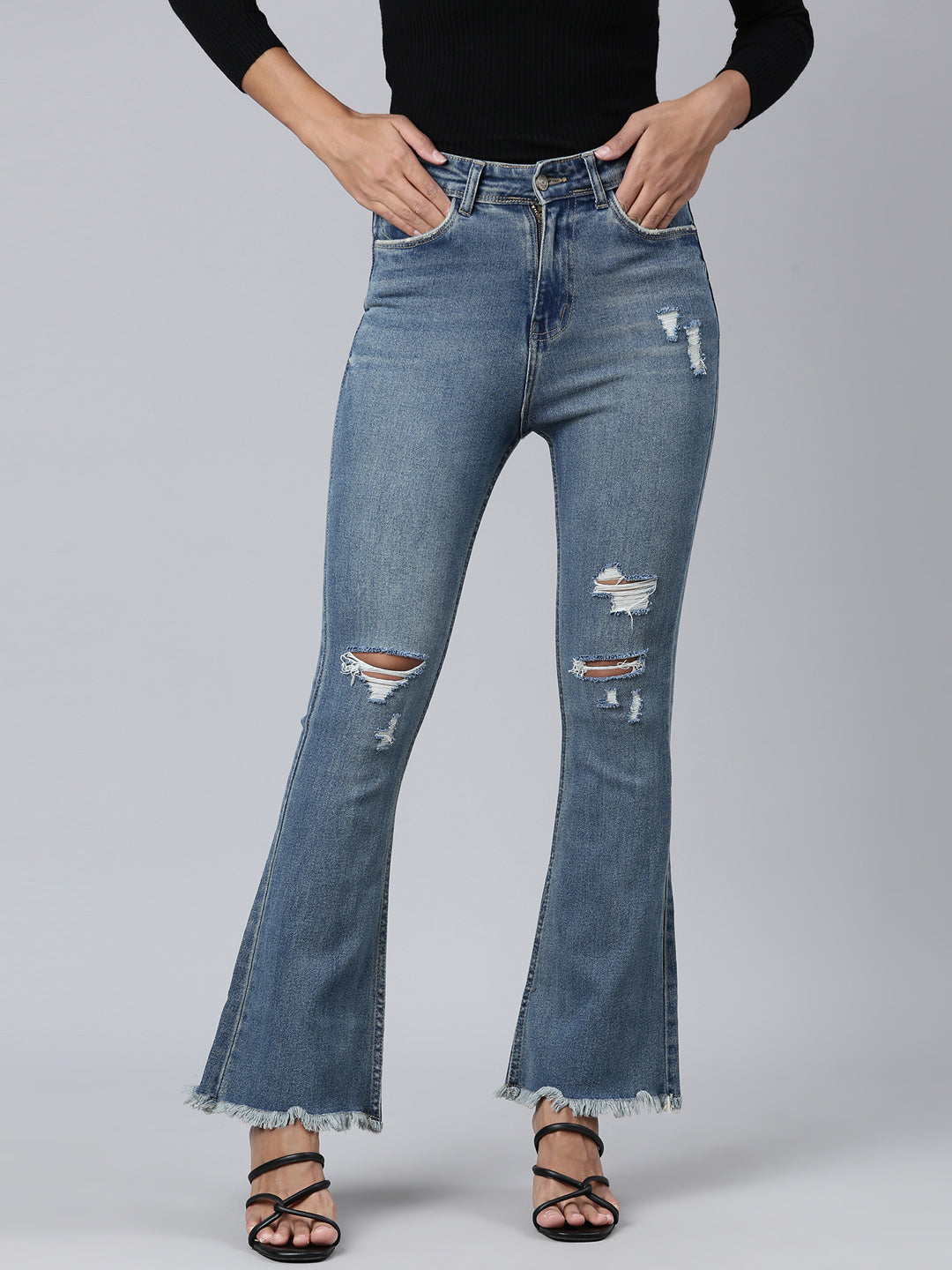 Women's Blue Solid Bootcut Denim Jeans