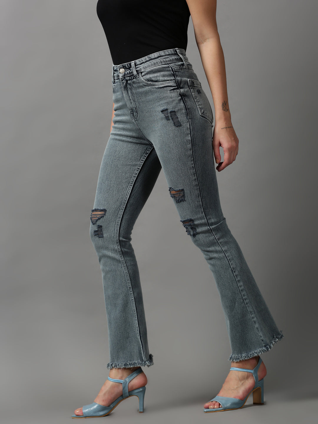 Women's Grey Solid Bootcut Denim Jeans